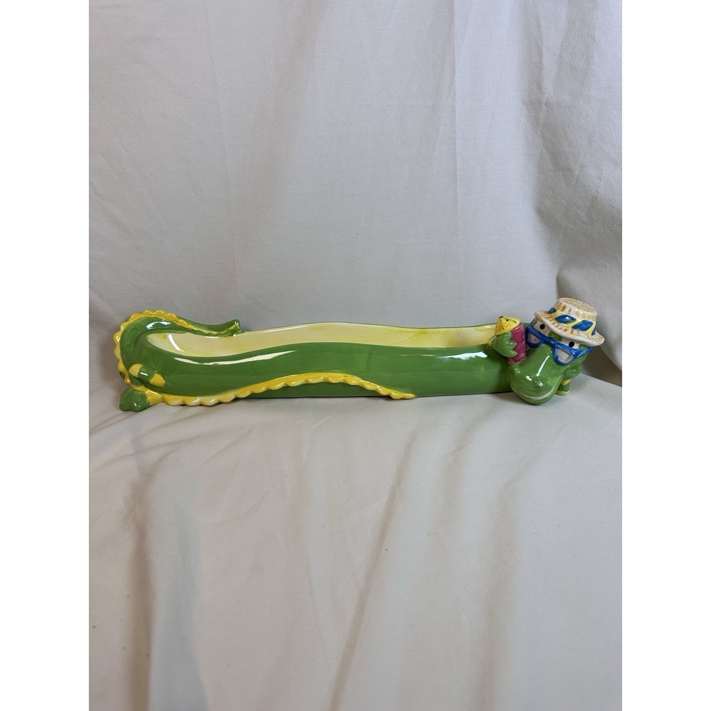 Rare 17" Boston Warehouse Trading Ceramic Green Dragon Appetizer Boat Bowl‎ 2003
